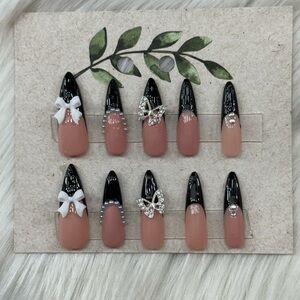 Black and Nude Press-On Nails with Bows and Rhinestones